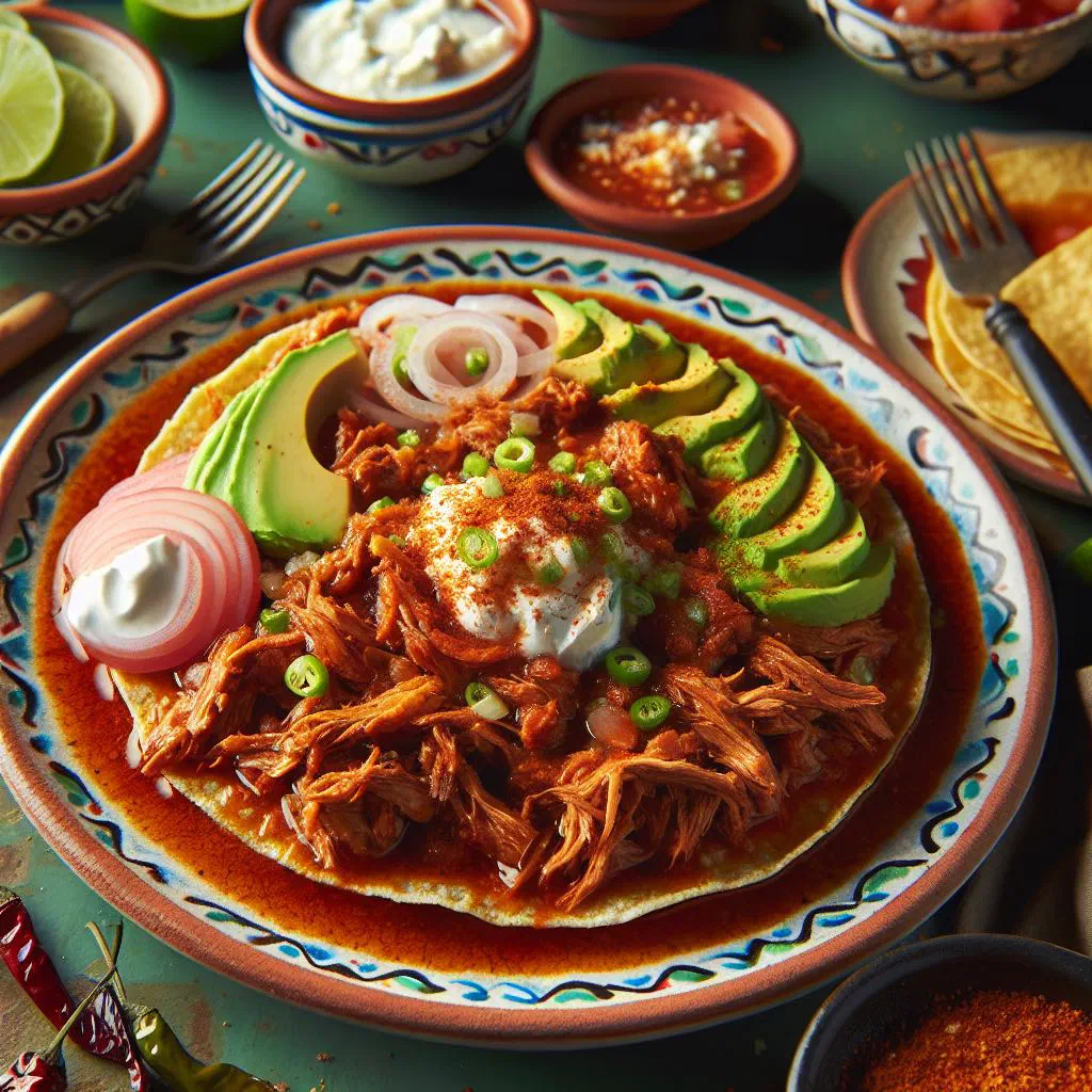 Shredded pork tinga in a smoky chipotle tomato sauce, garnished with coriander