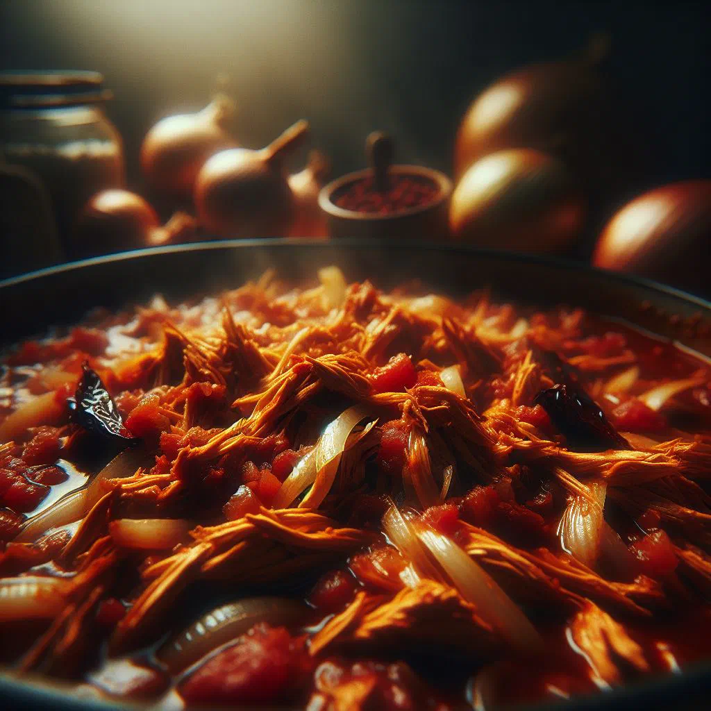 Shredded chicken tinga in smoky chipotle tomato sauce, garnished with fresh coriander