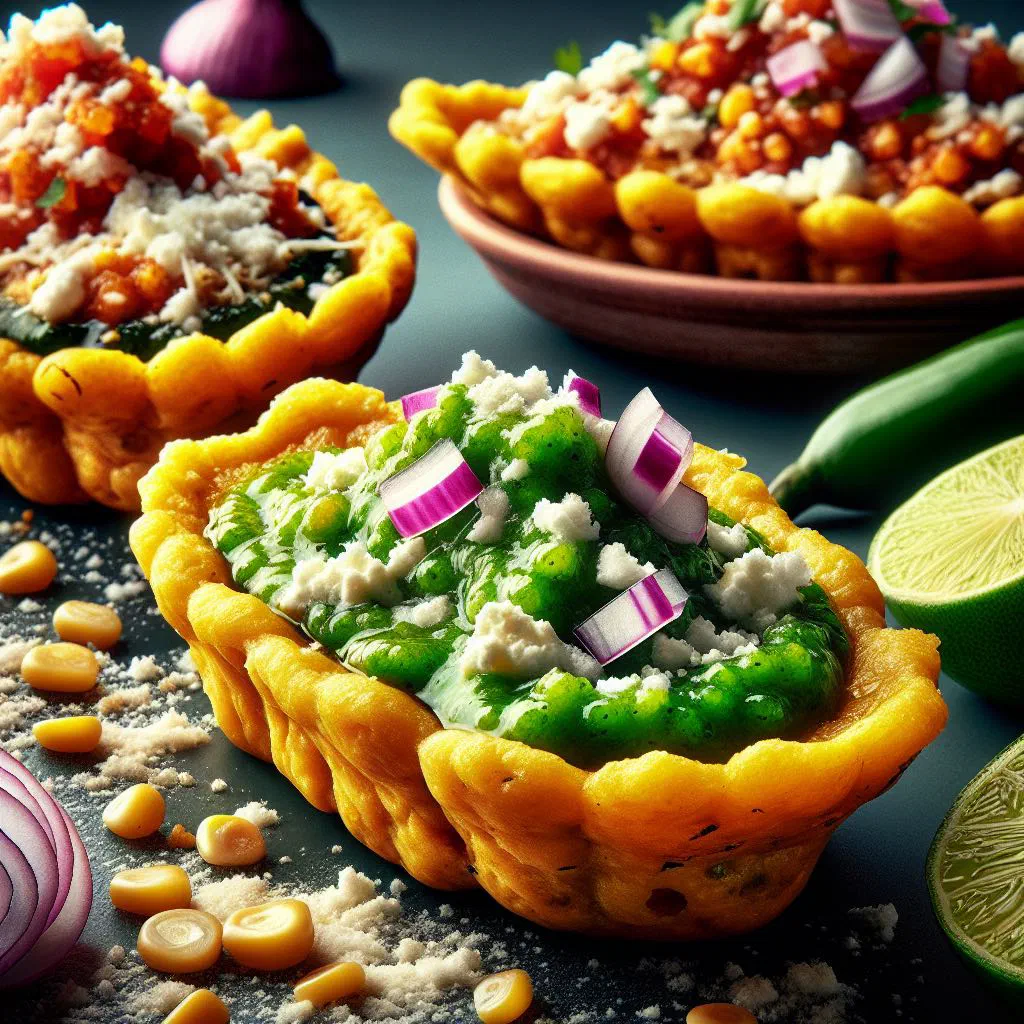 Golden grilled tlacoyos topped with fresh vegetables and salsa