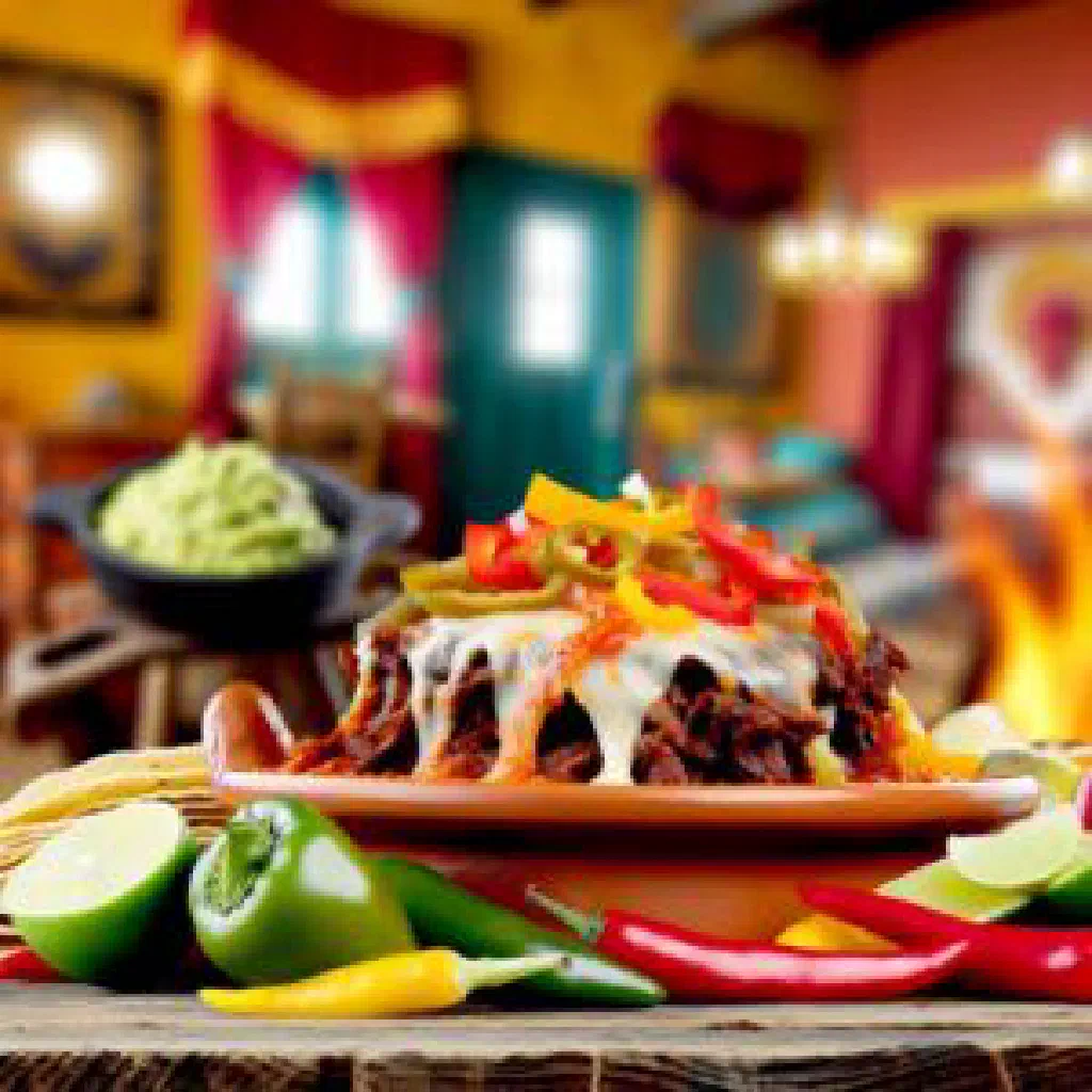 Torito with tender beef, peppers and fresh coriander on a rustic plate