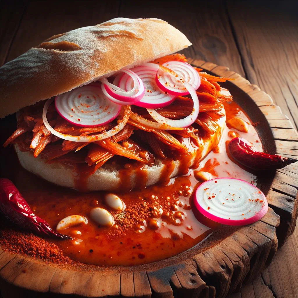 Tortas ahogadas drenched in red chilli sauce with onion and lime