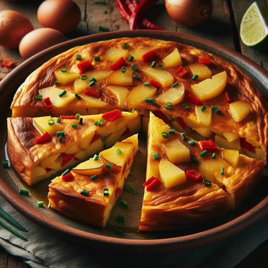 Golden Spanish omelette of potatoes and eggs cut into wedges