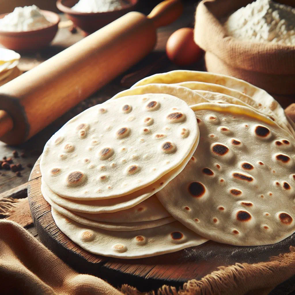 A stack of soft homemade flour tortillas on a wooden board