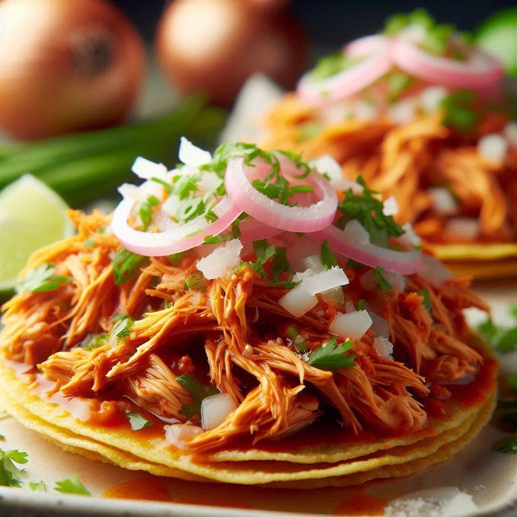 Crispy tostadas topped with shredded chicken tinga, avocado and coriander