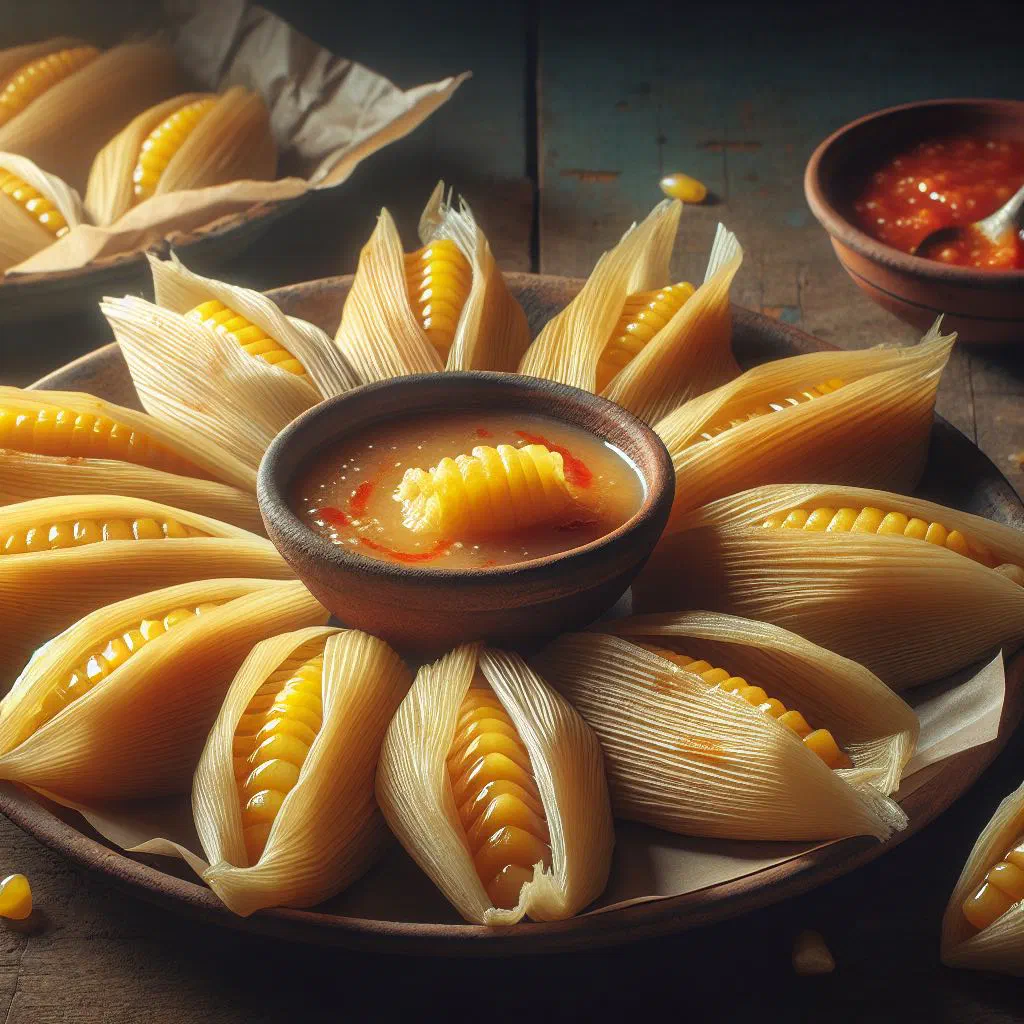 Steamed uchepos topped with queso fresco and cream on a plate