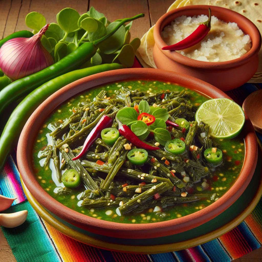 Verdolagas en salsa verde, purslane leaves in a green tomato and chilli sauce