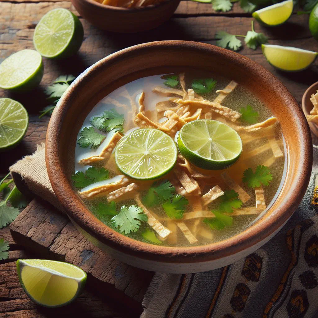 Yucatecan lime soup with shredded chicken, lime and crisp tortilla strips