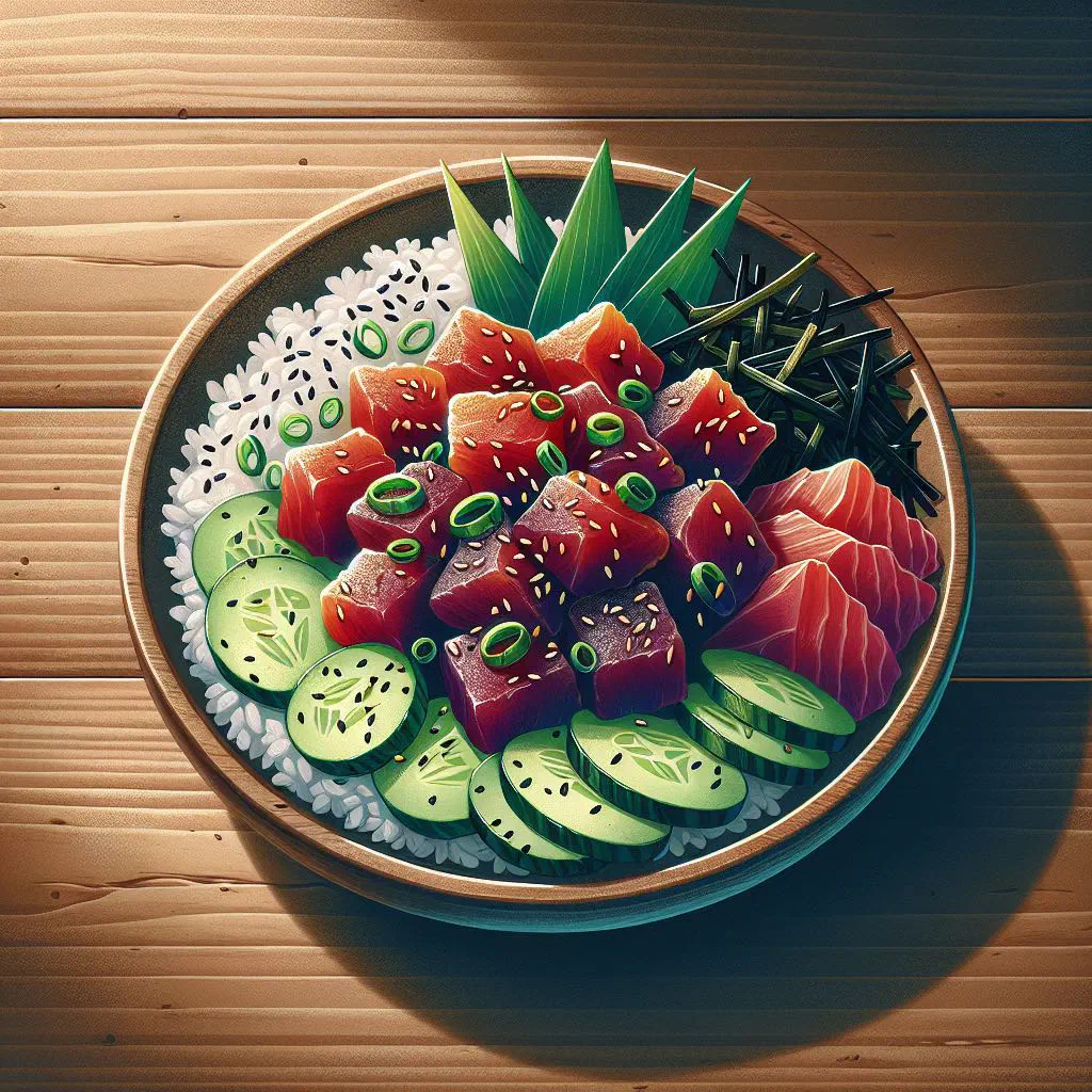 Bowl of ahi poke with cubed tuna, spring onions and toasted sesame seeds