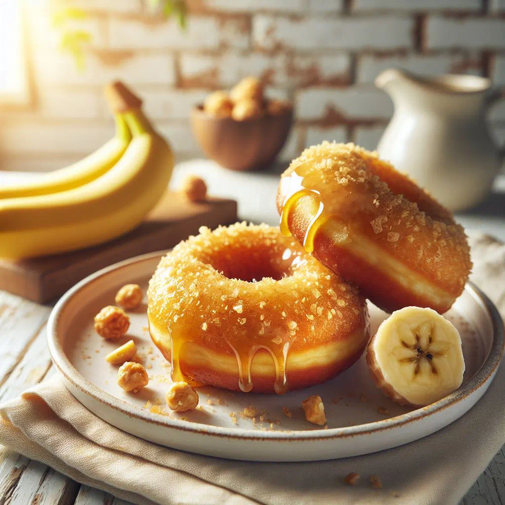 Golden fried banana donuts dusted with icing sugar on a plate