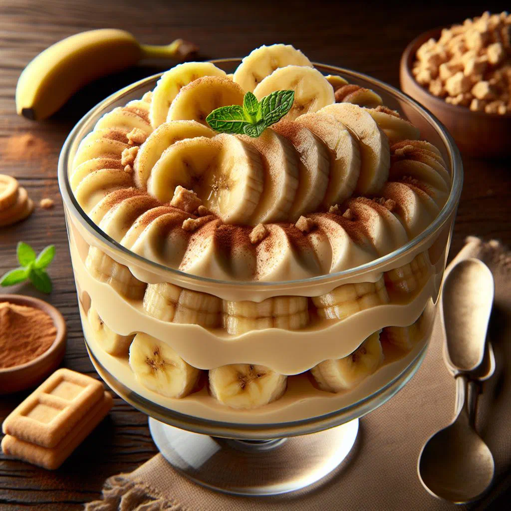 Layered banana pudding in a glass with sliced bananas and crumbled biscuits