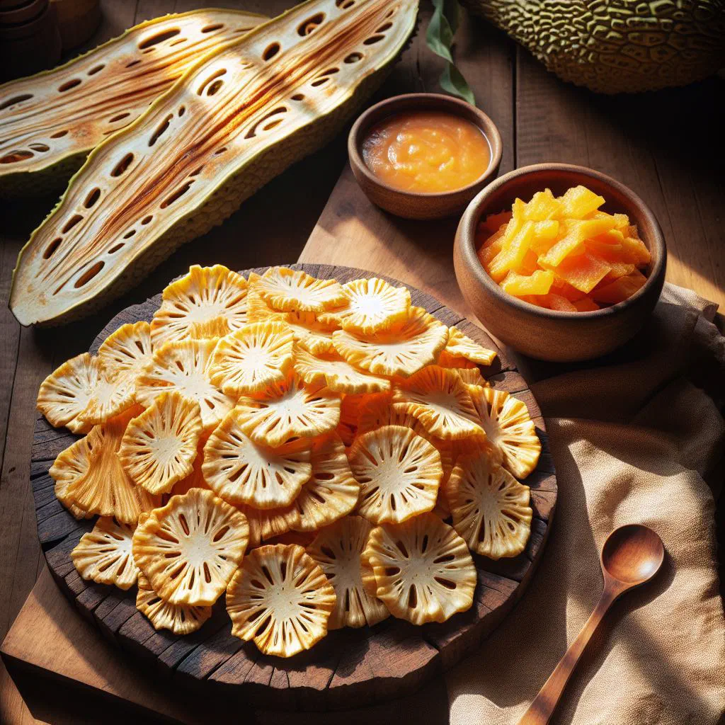 Golden baked breadfruit chips piled in a bowl with a dip