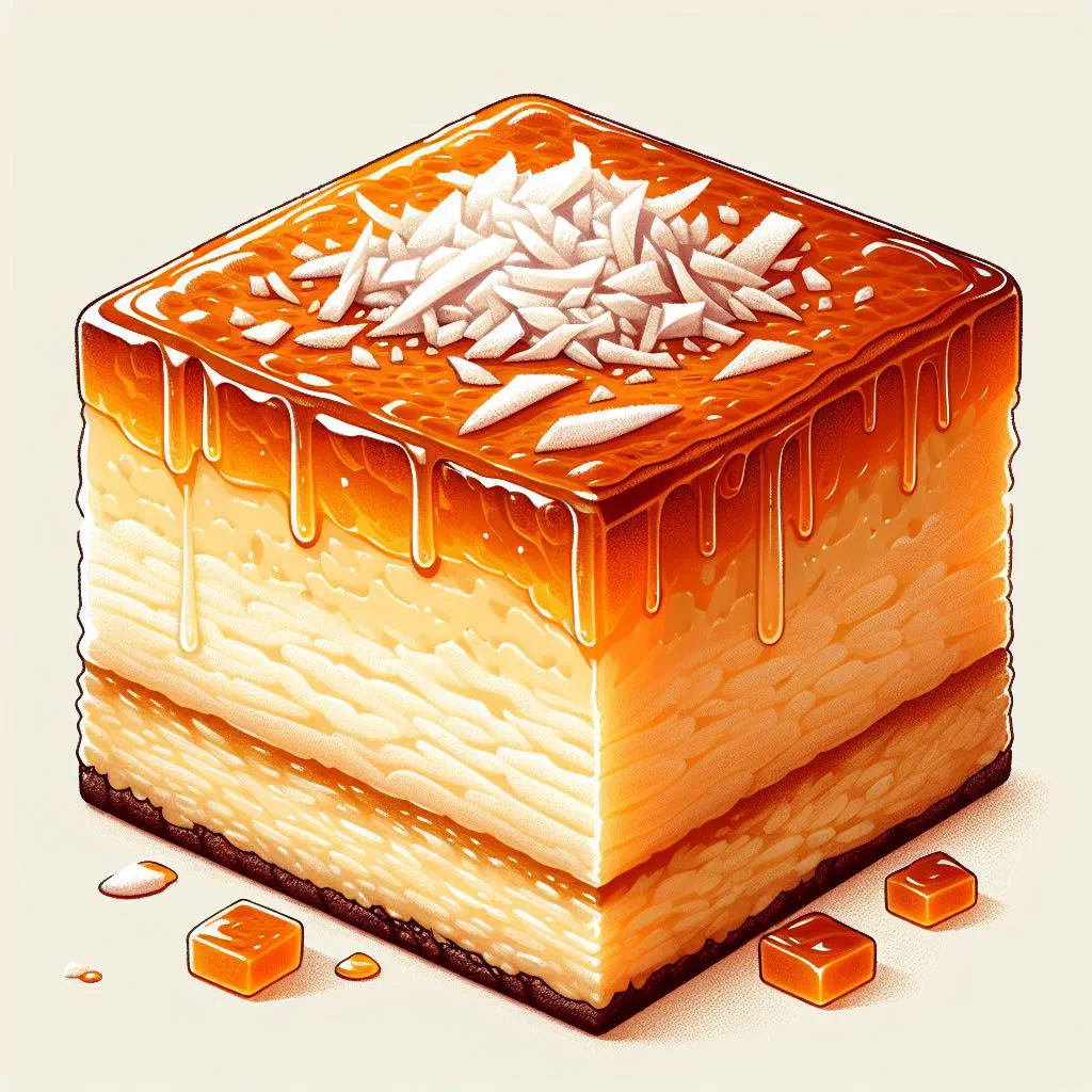 Golden baked cassava cake squares with a coconut topping