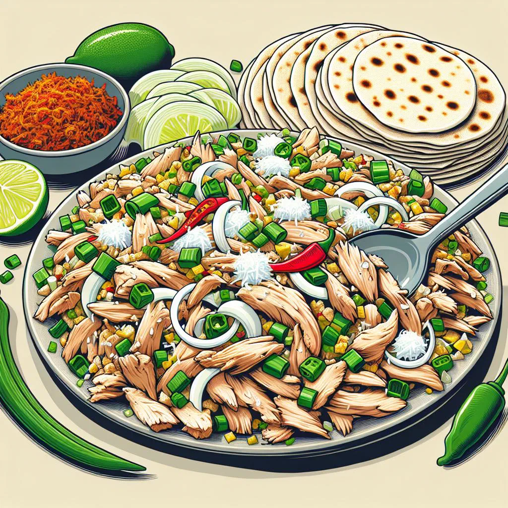Chicken kelaguen with grated coconut, spring onions and chilli in a bowl