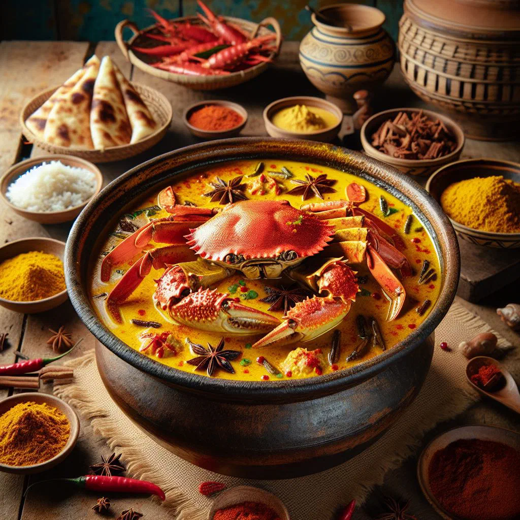 Coconut crab curry in a deep bowl with fresh coriander and lime