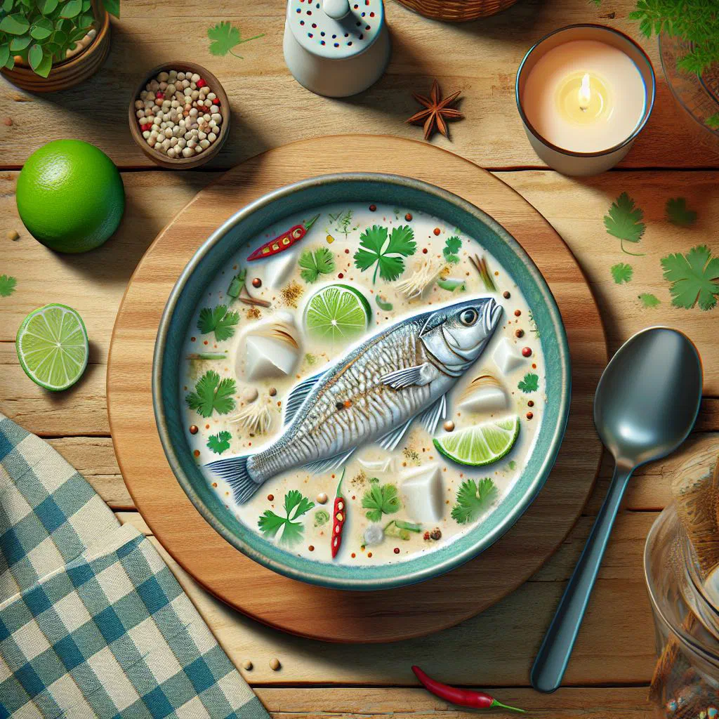 Creamy coconut fish soup in a bowl with coriander and lime