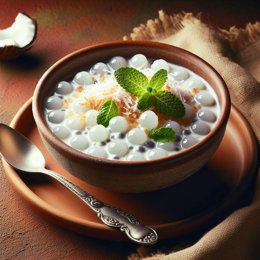 Coconut tapioca pudding in a glass topped with fresh tropical fruit and mint