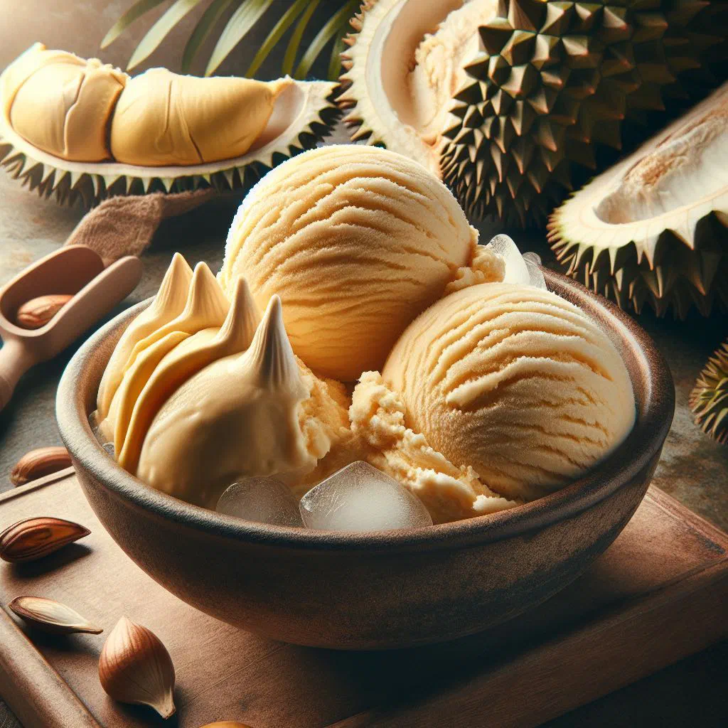 Scoops of pale yellow durian ice cream in a bowl with fresh fruit