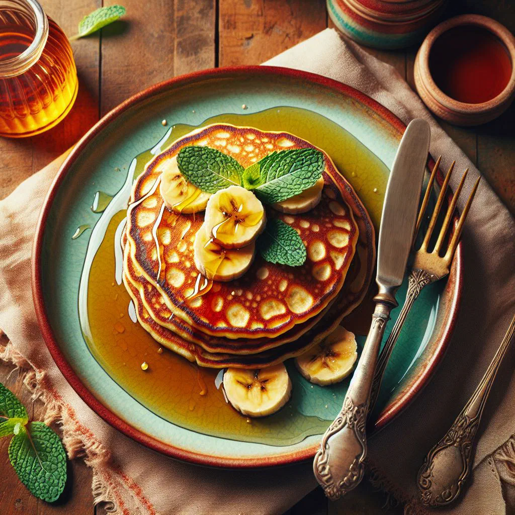 Golden fried banana pancakes stacked on a plate with fresh banana slices and honey
