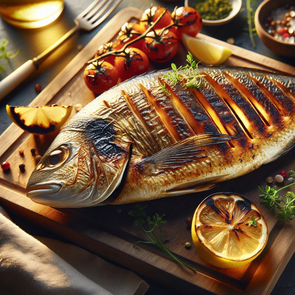 Whole grilled fish on a wooden board with lime wedges and fresh herbs