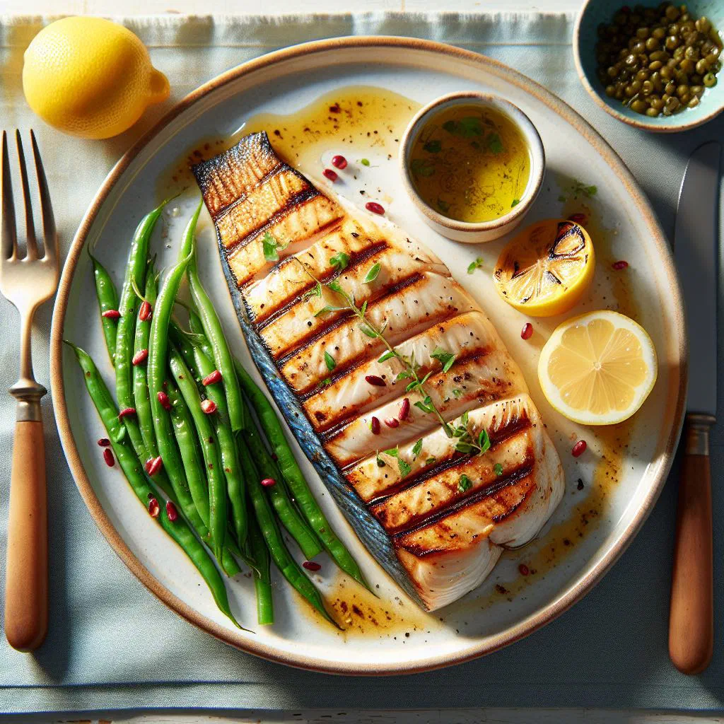 Grilled mahi mahi fillets with lime wedges and fresh herbs
