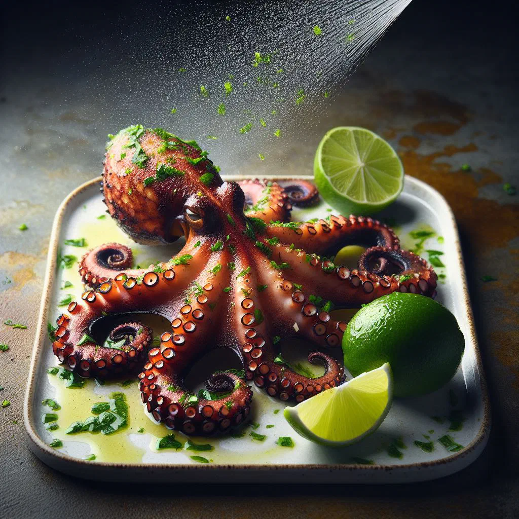 Charred grilled octopus tentacles with lime wedges and fresh herbs