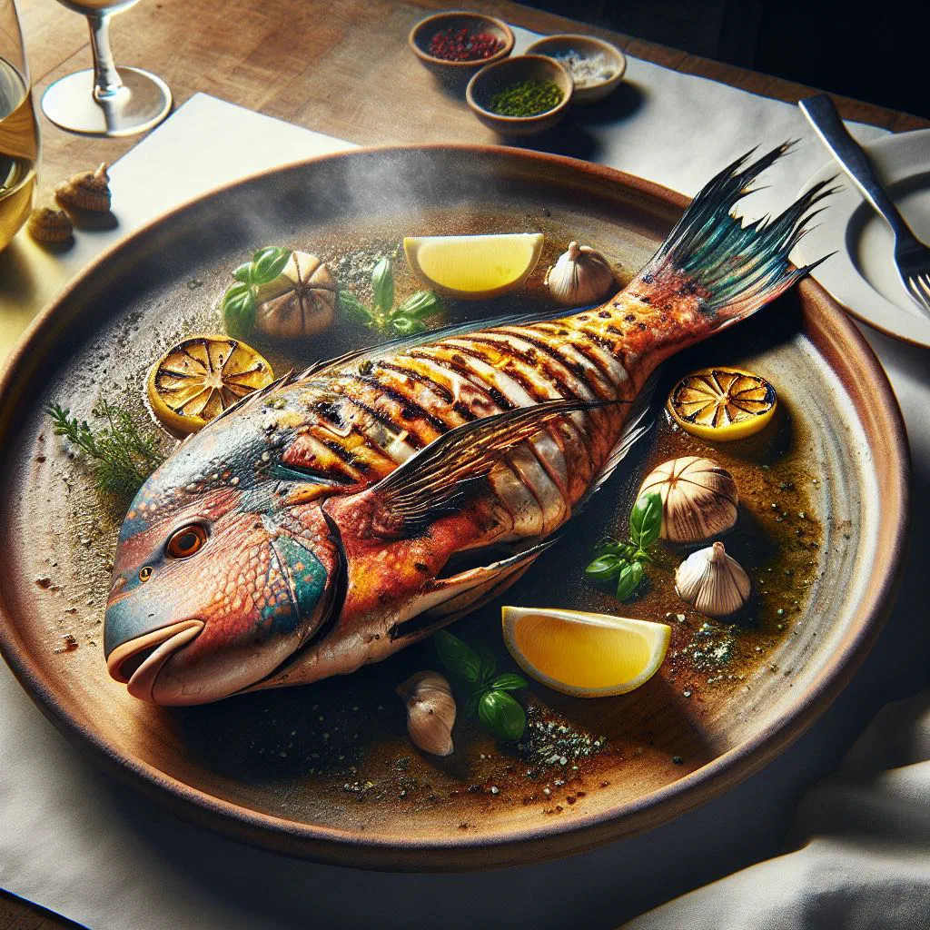 Grilled parrotfish with lemon slices and fresh herbs on a wooden board