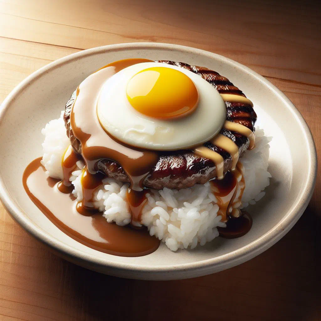 Loco Moco with a beef patty, rice, fried egg and glossy sauce