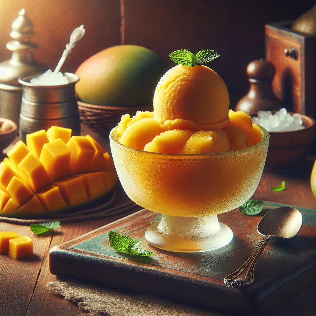 Scoops of bright orange mango sorbet in a glass bowl with fresh mint