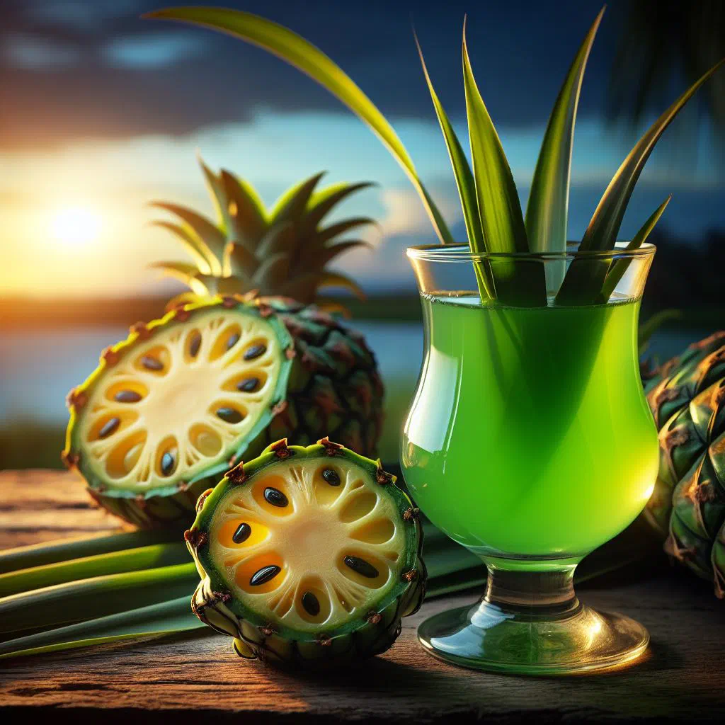 Tall glass of pale green pandanus juice with lime and mint
