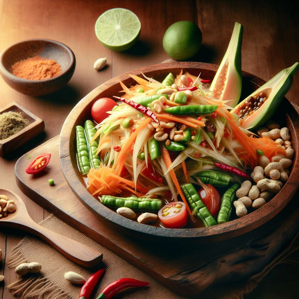 Fresh papaya salad with lime, mint and coriander in a shallow bowl