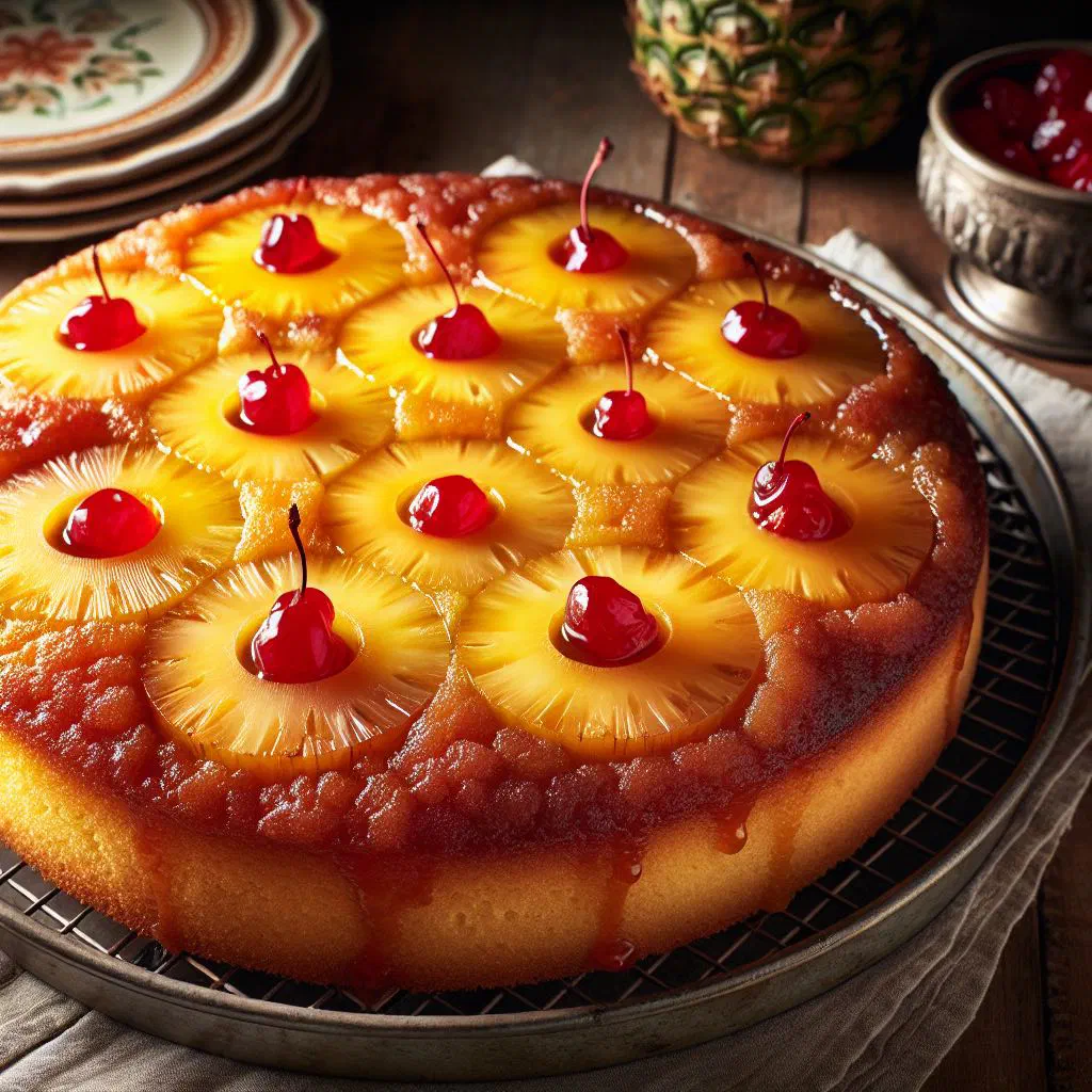 Golden pineapple upside-down cake turned out onto a plate with caramelised pineapple rings on top