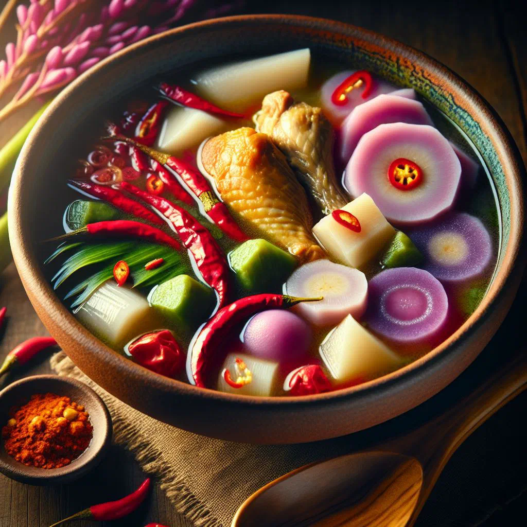 Bowl of Pohnpei soup with fish, vegetables and fresh herbs