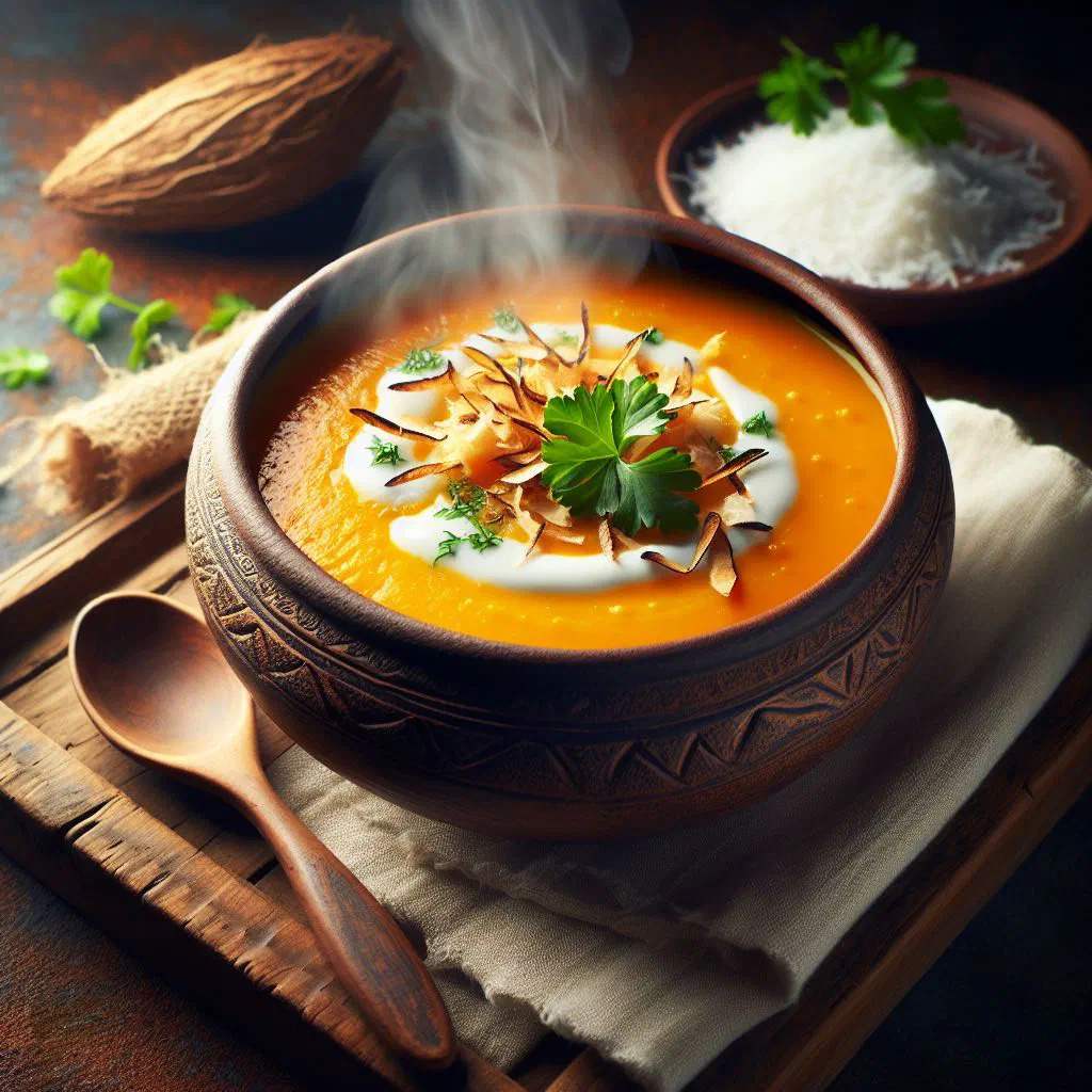 Creamy pumpkin coconut soup in a bowl with fresh herbs and a swirl of coconut milk