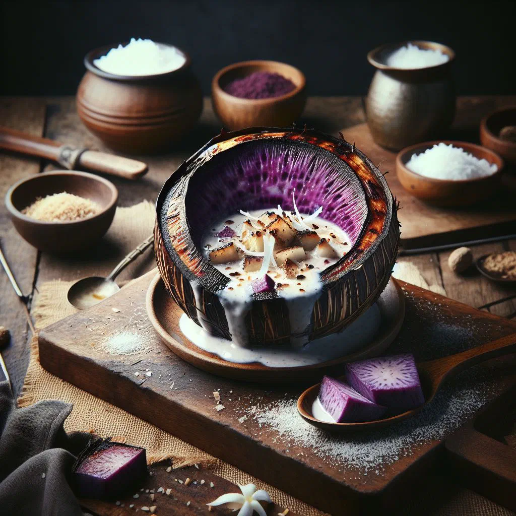 Roasted taro cubes on a plate drizzled with coconut cream and fresh coconut flakes