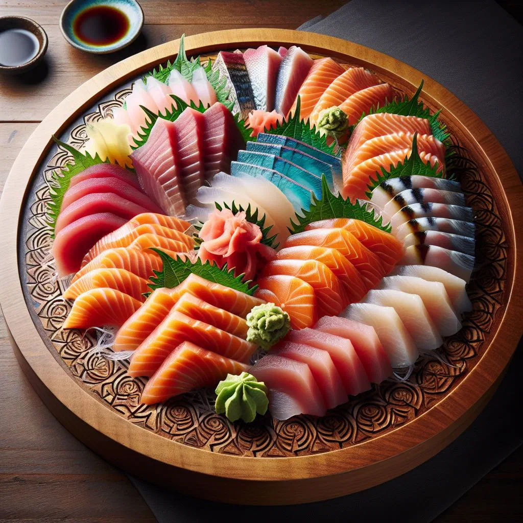 Thinly sliced sashimi on a plate with soy sauce, wasabi and pickled ginger