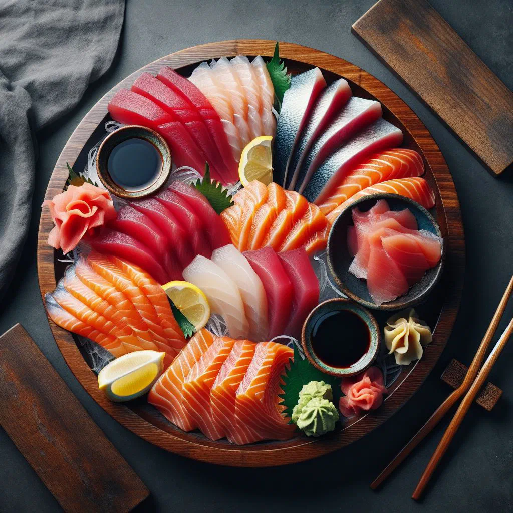 Thin slices of raw tuna sashimi arranged on a plate with a small bowl of soy sauce