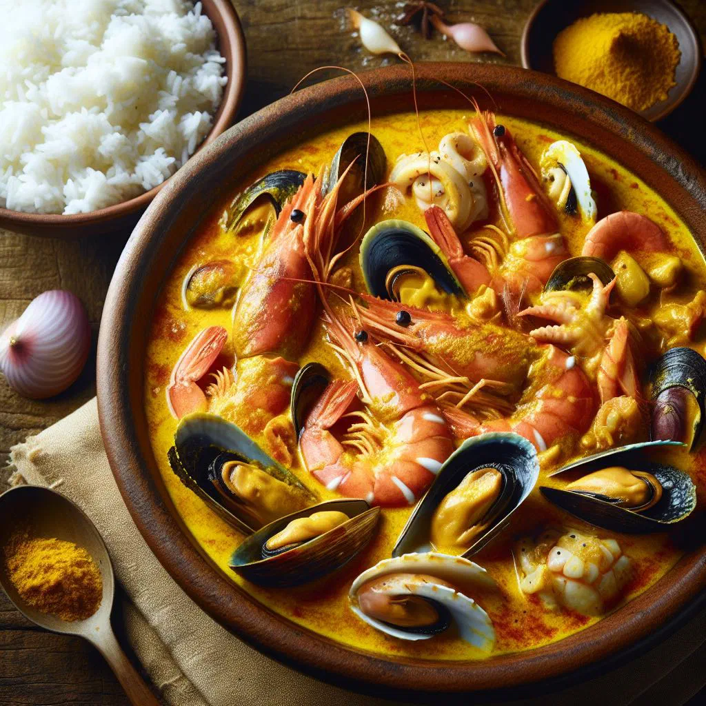 Micronesian seafood curry with prawns and mussels in a coconut sauce