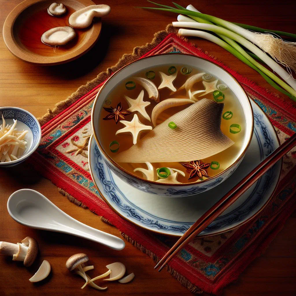 Bowl of clear shark fin soup garnished with spring onions and fresh coriander