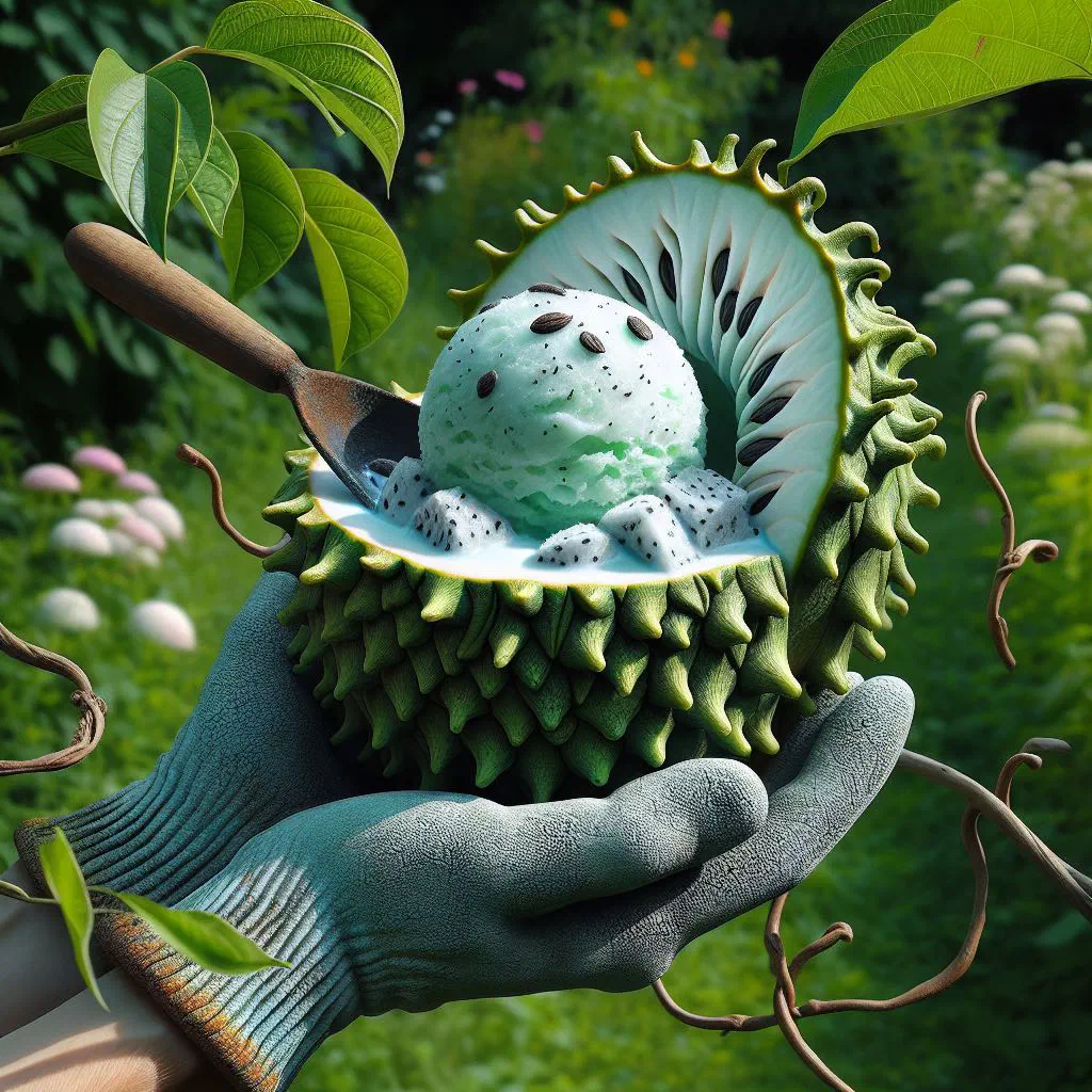 Scoops of pale green soursop sorbet in a chilled bowl with lime and mint