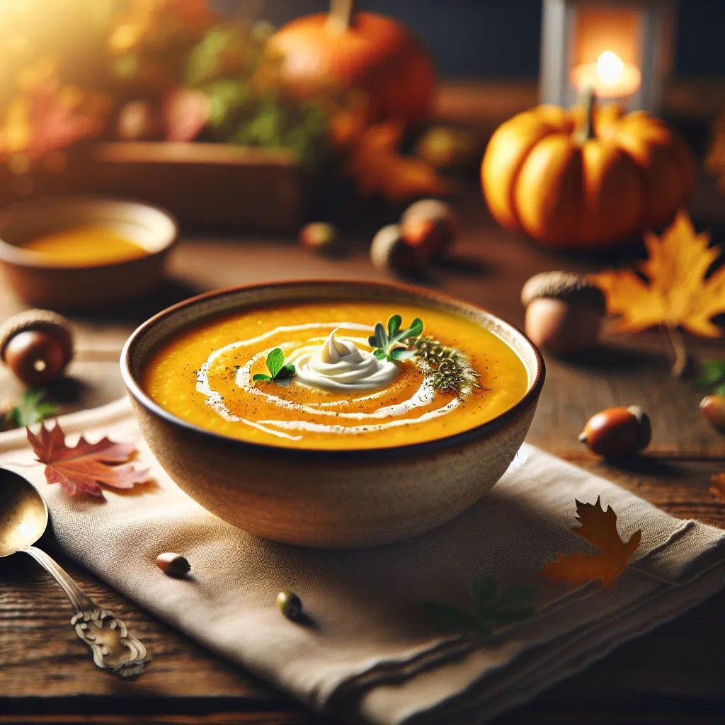 Creamy squash soup in a deep bowl with a swirl of coconut milk and fresh herbs