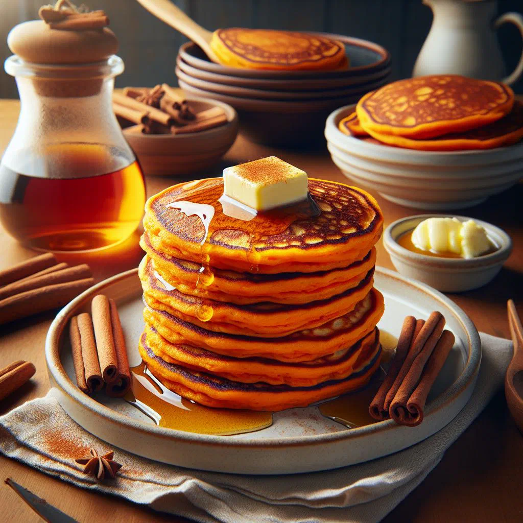 Golden sweet potato pancakes stacked on a plate with fresh fruit