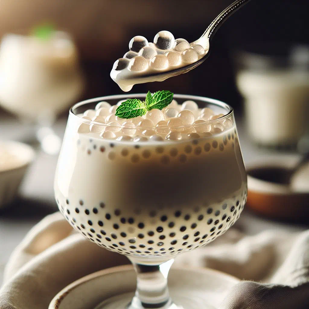 Creamy tapioca pudding in a bowl topped with fresh tropical fruit
