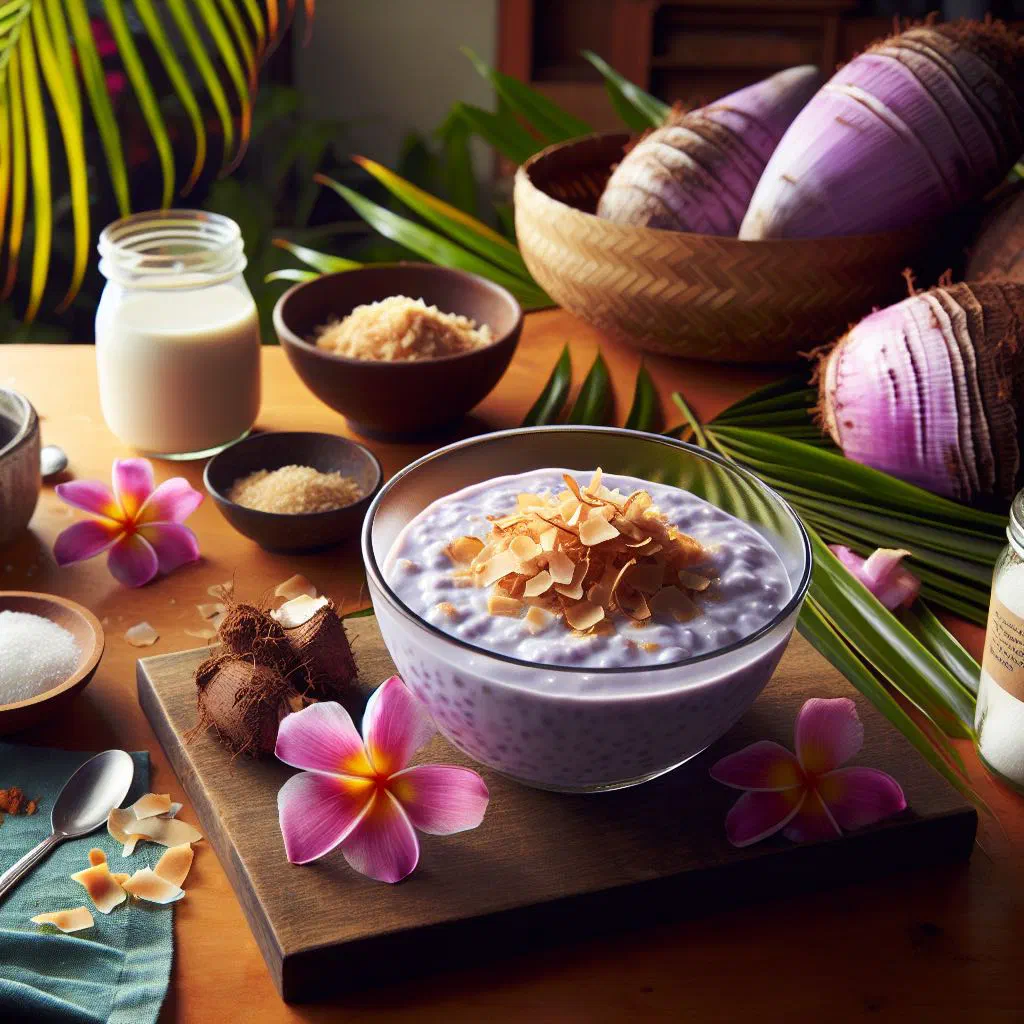 Creamy taro and coconut pudding in small bowls topped with coconut flakes