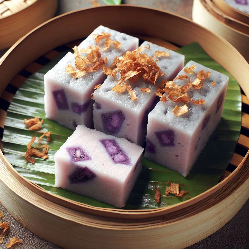 Slices of golden taro cake on a plate with fresh fruit