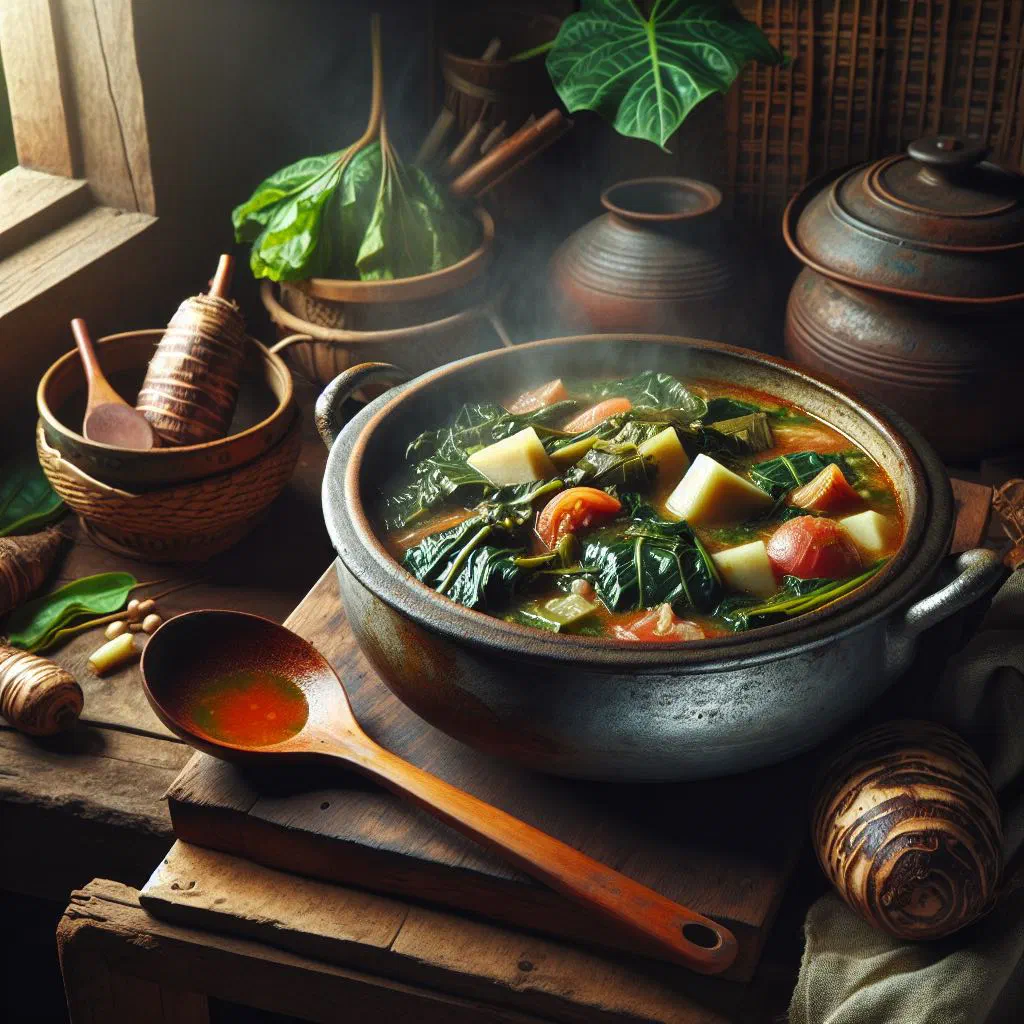 Bowl of Micronesian taro leaf stew with carrots and fresh herbs