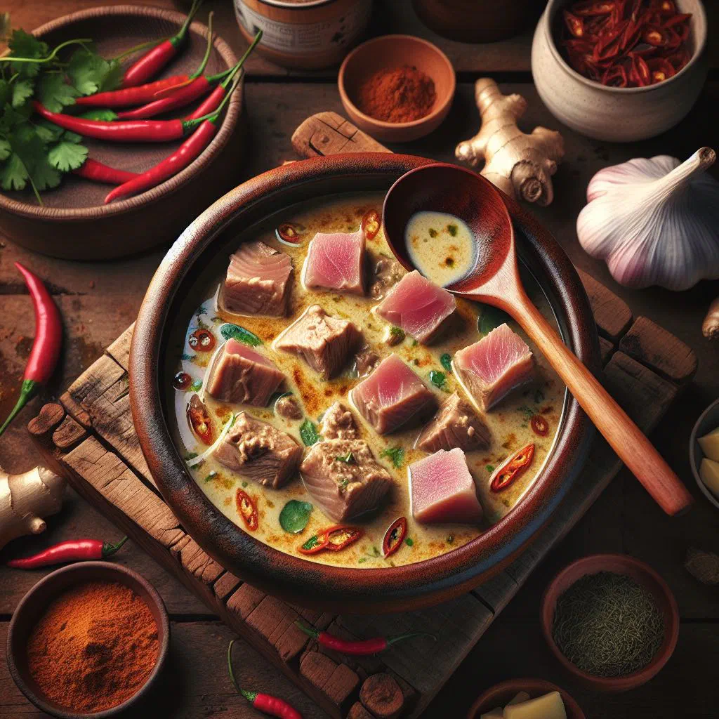 Tuna coconut curry in a deep bowl with fresh coriander and red pepper