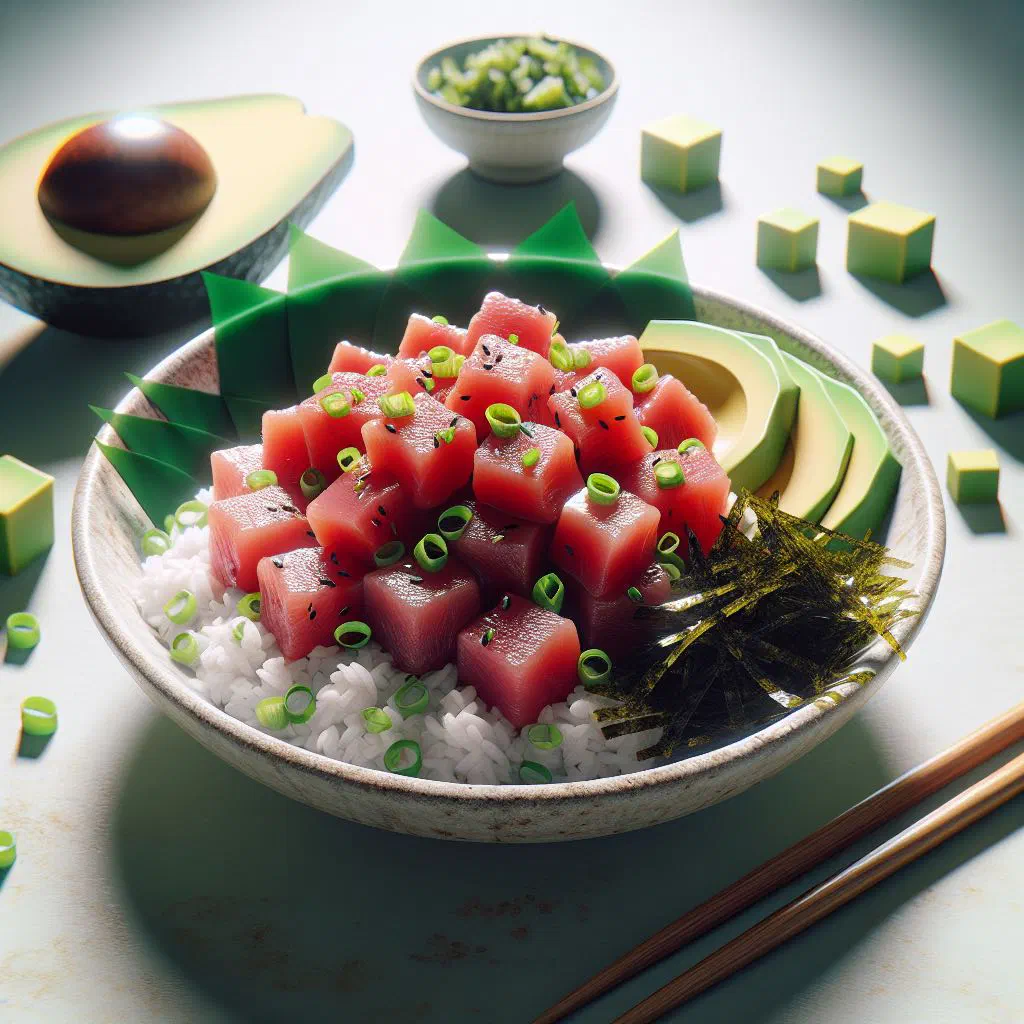 Bowl of tuna poke with diced raw tuna, avocado and sesame seeds