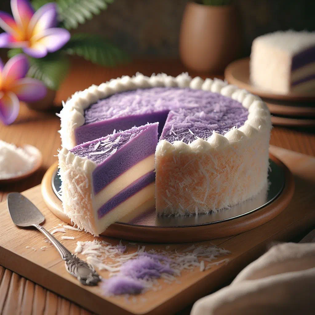 Slice of vivid purple ube coconut cake topped with toasted coconut