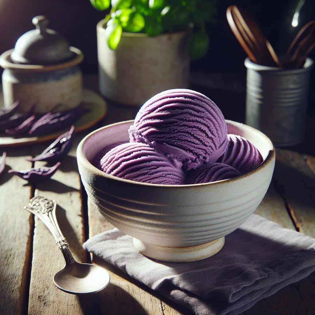 Scoops of bright purple ube ice cream served in a glass bowl