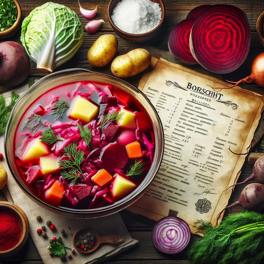 Bowl of Moldovan borș sour soup with vegetables, pork and fresh dill
